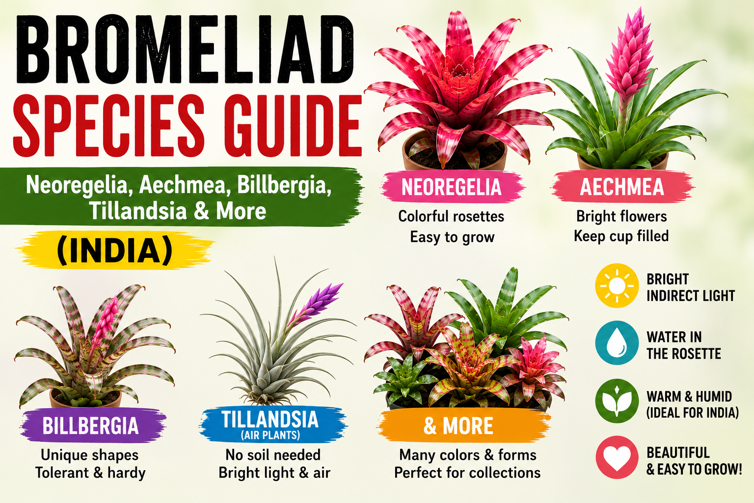Bromeliad Species Guide: Neoregelia, Aechmea, Billbergia, Tillandsia & More (India)