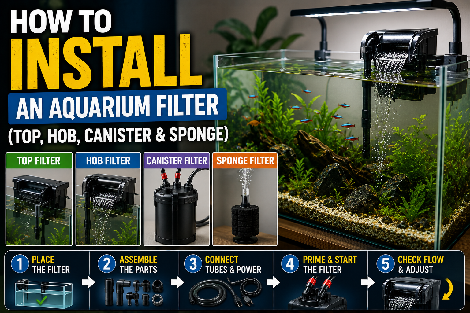 How to Install an Aquarium Filter (Top, HOB, Canister & Sponge)