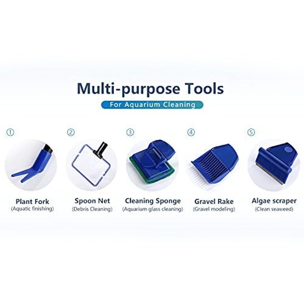 Blue PET 5 in 1 Aquarium/Fish Tank Cleaning Kit/Tool, Algae Scraper, Fish Net, Sponge, Plant Fork, Gravel Rake, Length 19 inches (FPD-51A)