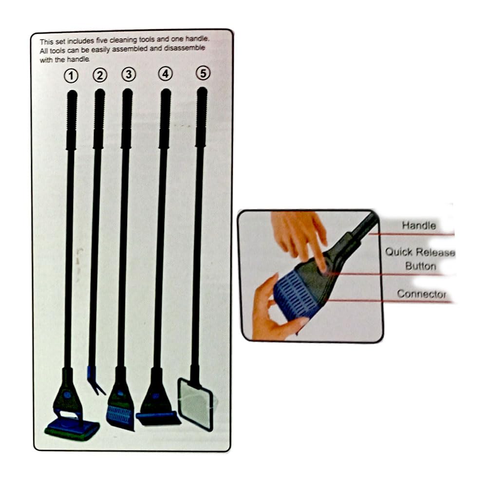 Blue PET 5 in 1 Aquarium/Fish Tank Cleaning Kit/Tool, Algae Scraper, Fish Net, Sponge, Plant Fork, Gravel Rake, Length 19 inches (FPD-51A)