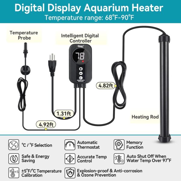 Hygger HG085-500W Digital Aquarium Heater with Titanium Construction | 500W Temperature Control Heater for 315-360L Aquariums