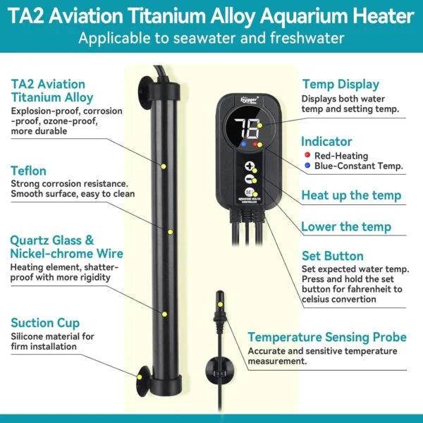 Hygger HG085-500W Digital Aquarium Heater with Titanium Construction | 500W Temperature Control Heater for 315-360L Aquariums