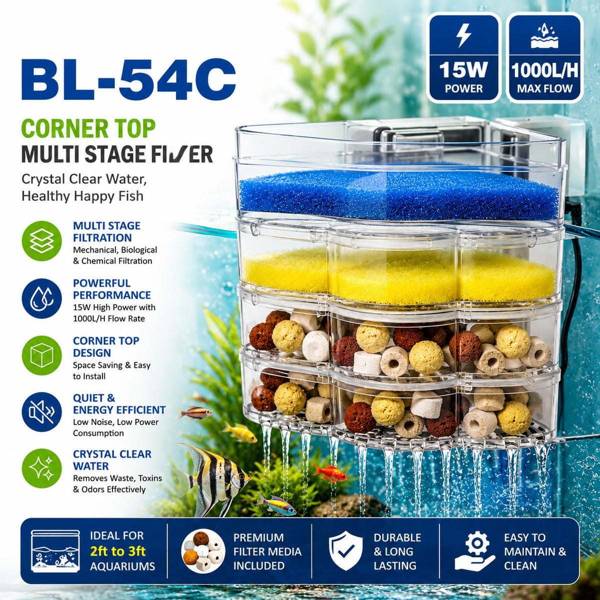 Blue Pet BL-54C Corner Aquarium Filter | 15W, 1000 L/H Multi-Stage Internal Filter for 2ft to 3ft Fish Tanks | Includes Sponge, Ceramic Rings & Bio-Balls