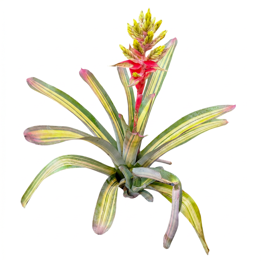 Aechmea 'Harvey's Pride' Side bromeliad plant with green and yellow striped leaves and a bright red and yellow flower spike, isolated on a white background.