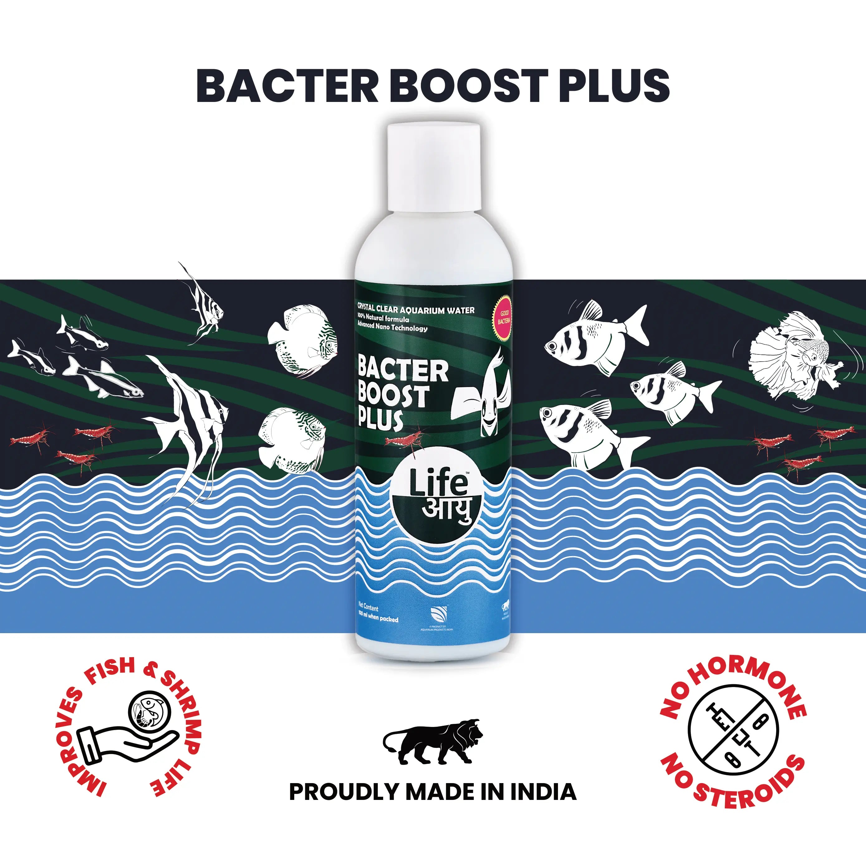 Life Aayu Bacter Boost Plus – Natural Aquarium Bacteria Starter for Clear Water, Ammonia Control Eco Balance | 100% Shrimp Safe Aquarium Products India