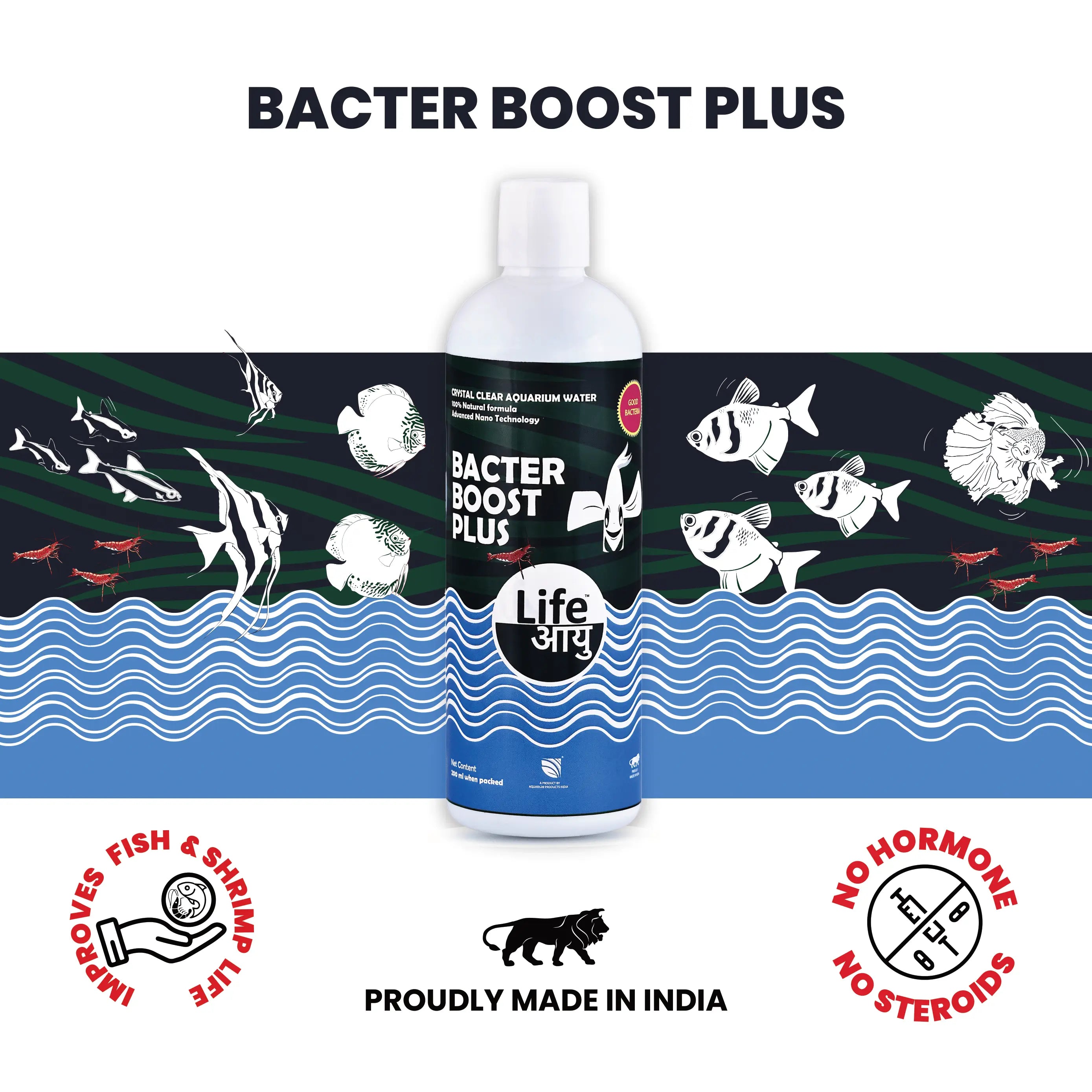Life Aayu Bacter Boost Plus – Natural Aquarium Bacteria Starter for Clear Water, Ammonia Control Eco Balance | 100% Shrimp Safe Aquarium Products India