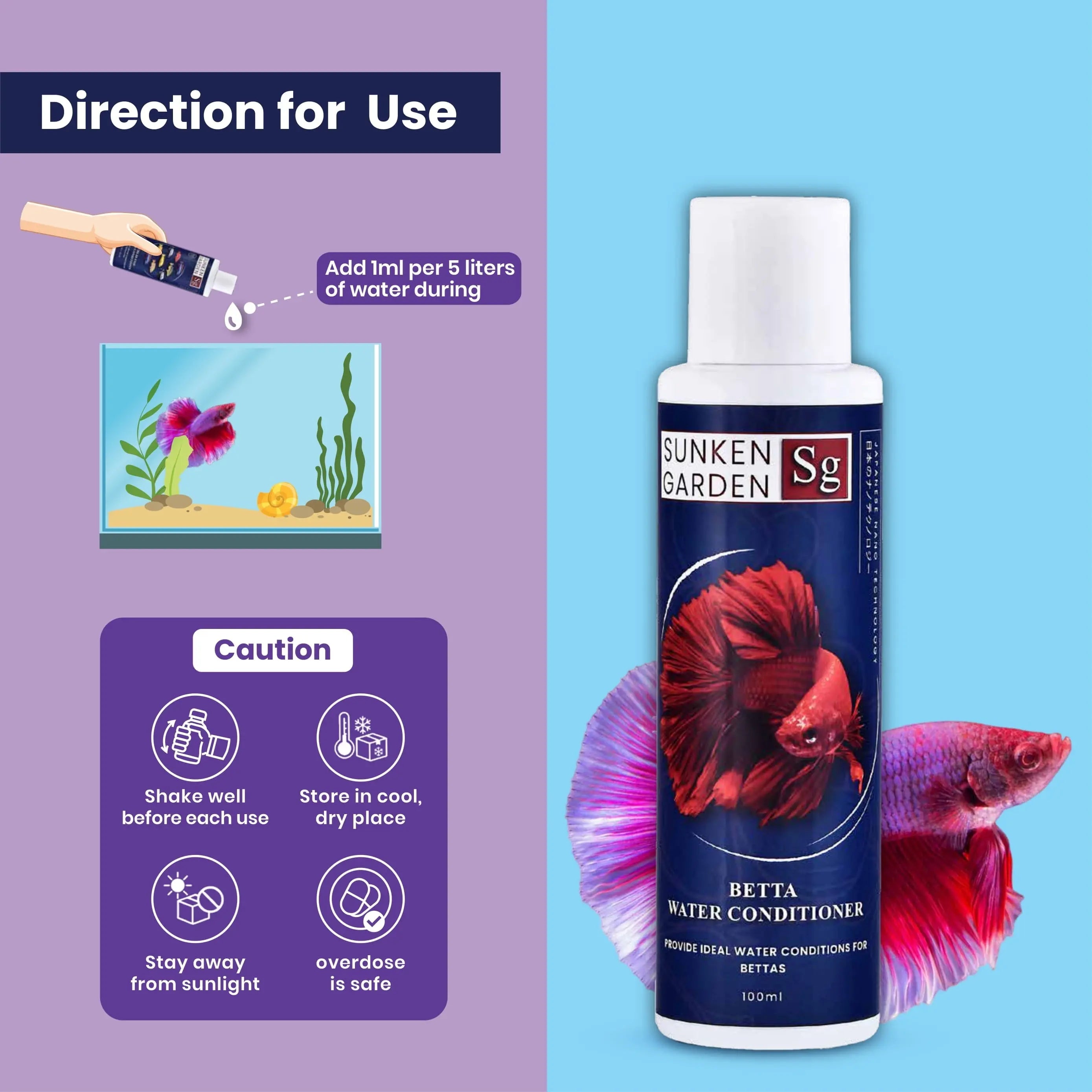 Sunken Garden Betta Fish Water Conditioner | Chlorine Neutralizer + Fin Rot Protection + pH Balancer | Made for Indian Aquariums Sunken Garden Pvt Ltd