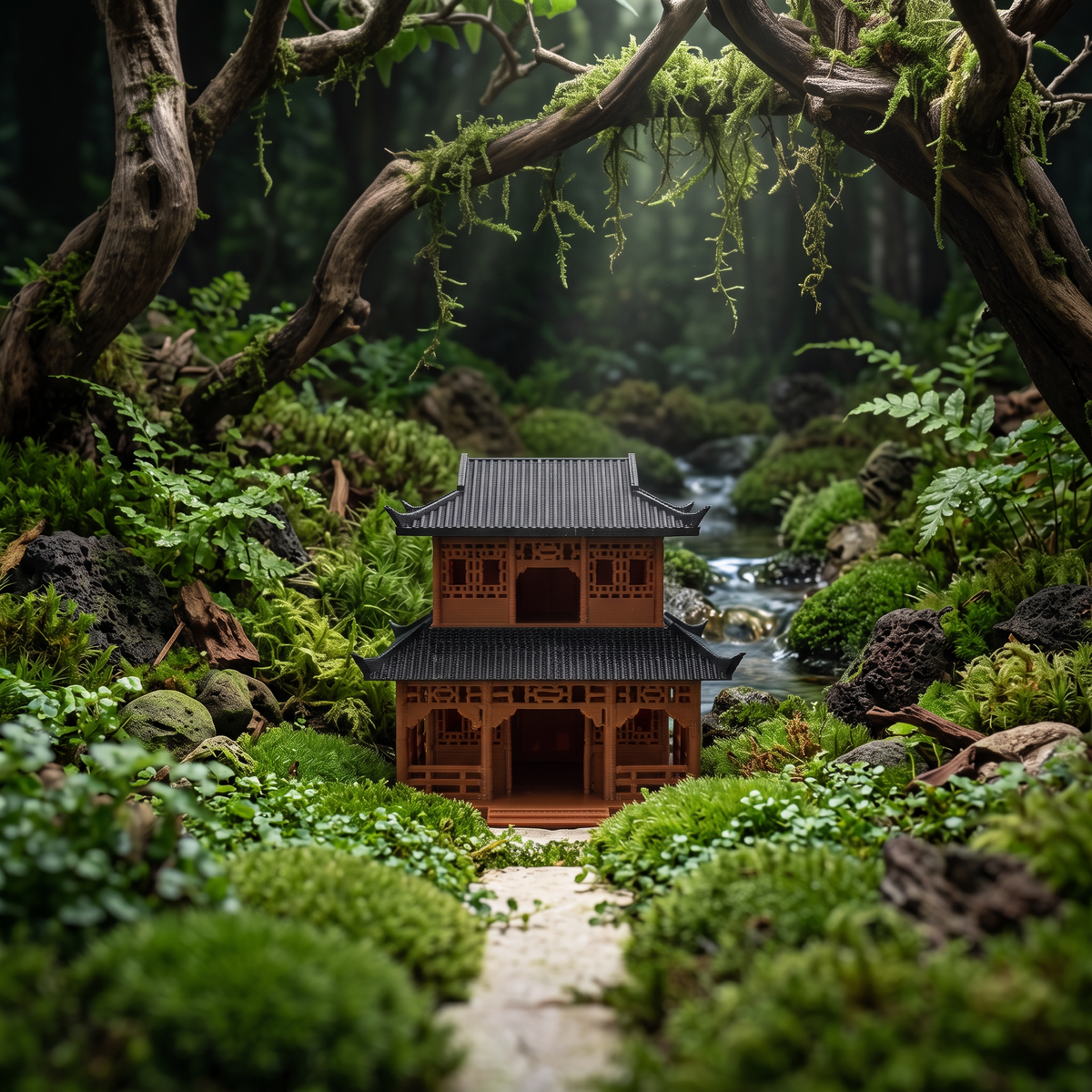 A miniature two-story wooden temple with a dark tiled roof sits in a lush, mossy forest garden with a small stream flowing behind it.