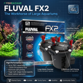 Fish Bazaar promotional graphic for the Fluval FX2 external aquarium filter, showing the product box, two black filter canisters with red valves, and aquarium background imagery. Text highlights features such as high performance, large media chamber, electronic self-priming, and suitability for large aquariums up to 750 L.