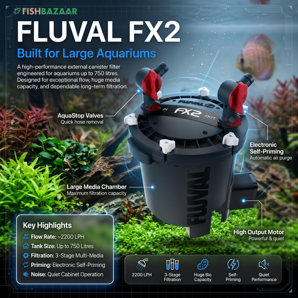 A promotional graphic for the Fish Bazaar Fluval FX2 external canister filter, shown in an aquarium setting with labeled features and specifications.