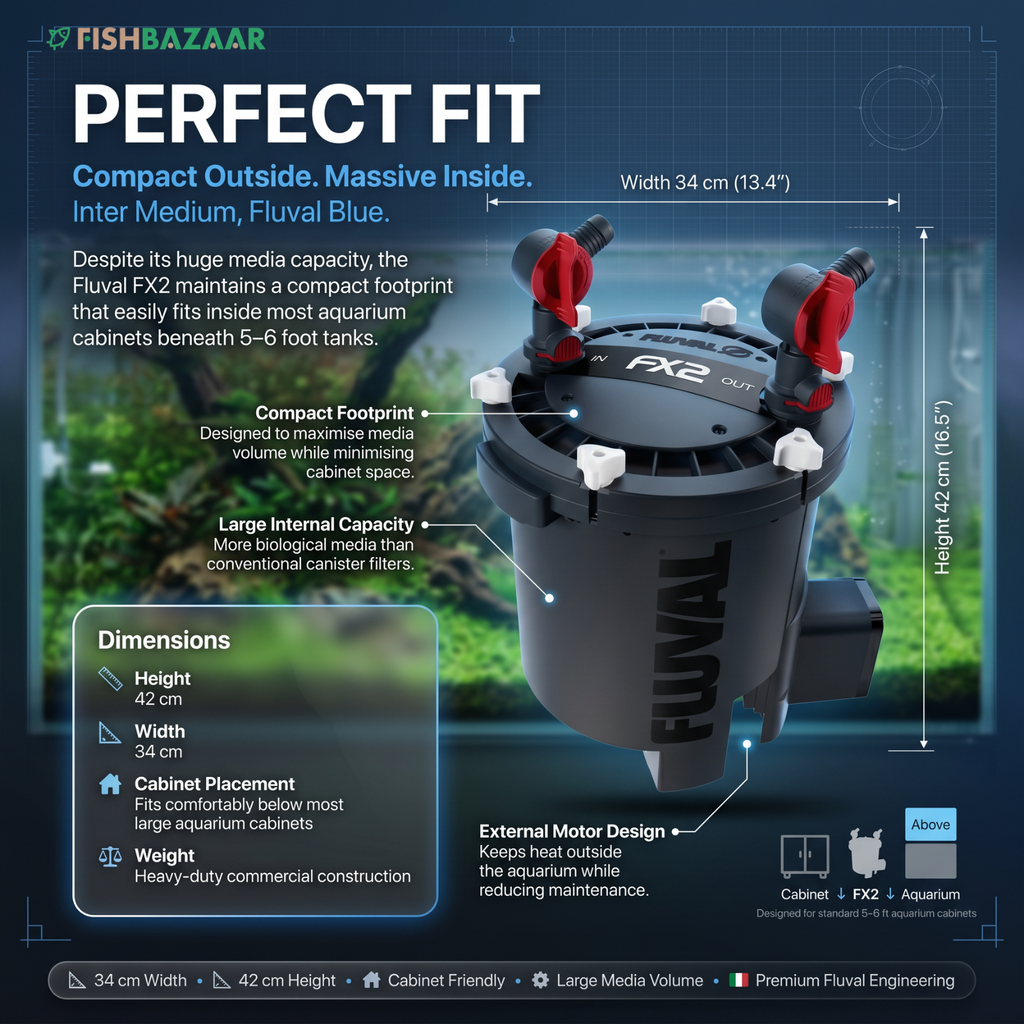 An infographic diagram showing the Fluvial FX2 aquarium filter with detailed dimensions, labeled text, and placement guidance on a dark blue background.