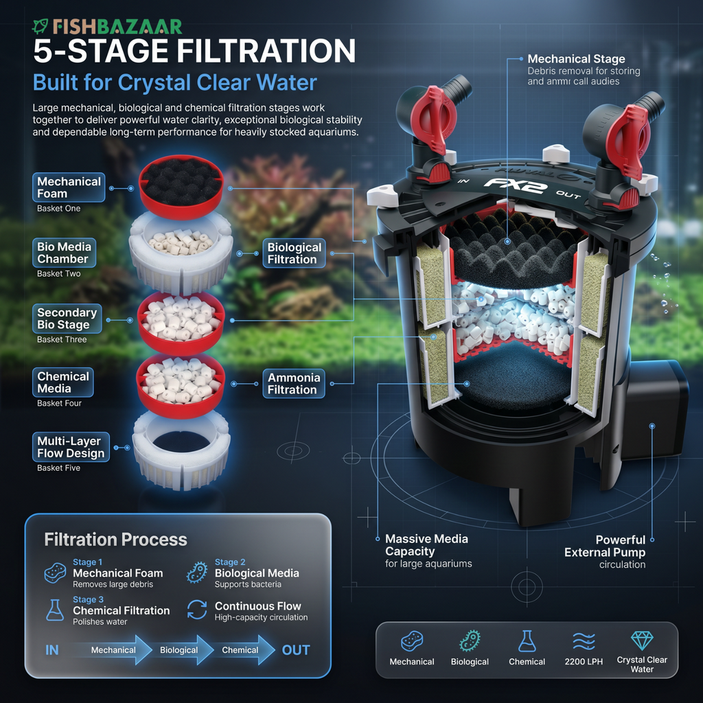 An infographic diagram for the FISHBAZAAR 5-Stage Filtration system, showing a detailed cutaway view of the black and red external pump and filter basket with labeled stages (Mechanical Foam, Bio Media Chamber, Secondary Bio Stage, Chemical Media, Ammonia Filtration) and a filtration process flowchart.