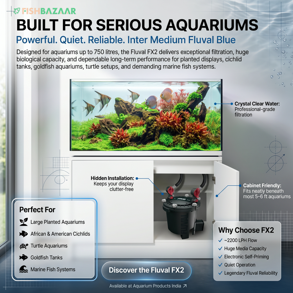 Promotional graphic for the Fluvial FX2 aquarium filter by Fish Bazaar, showing the black external filter cabinet with red internal pump parts and a large aquarium tank in the background. The image includes descriptive text callouts, product features, and compatibility details.