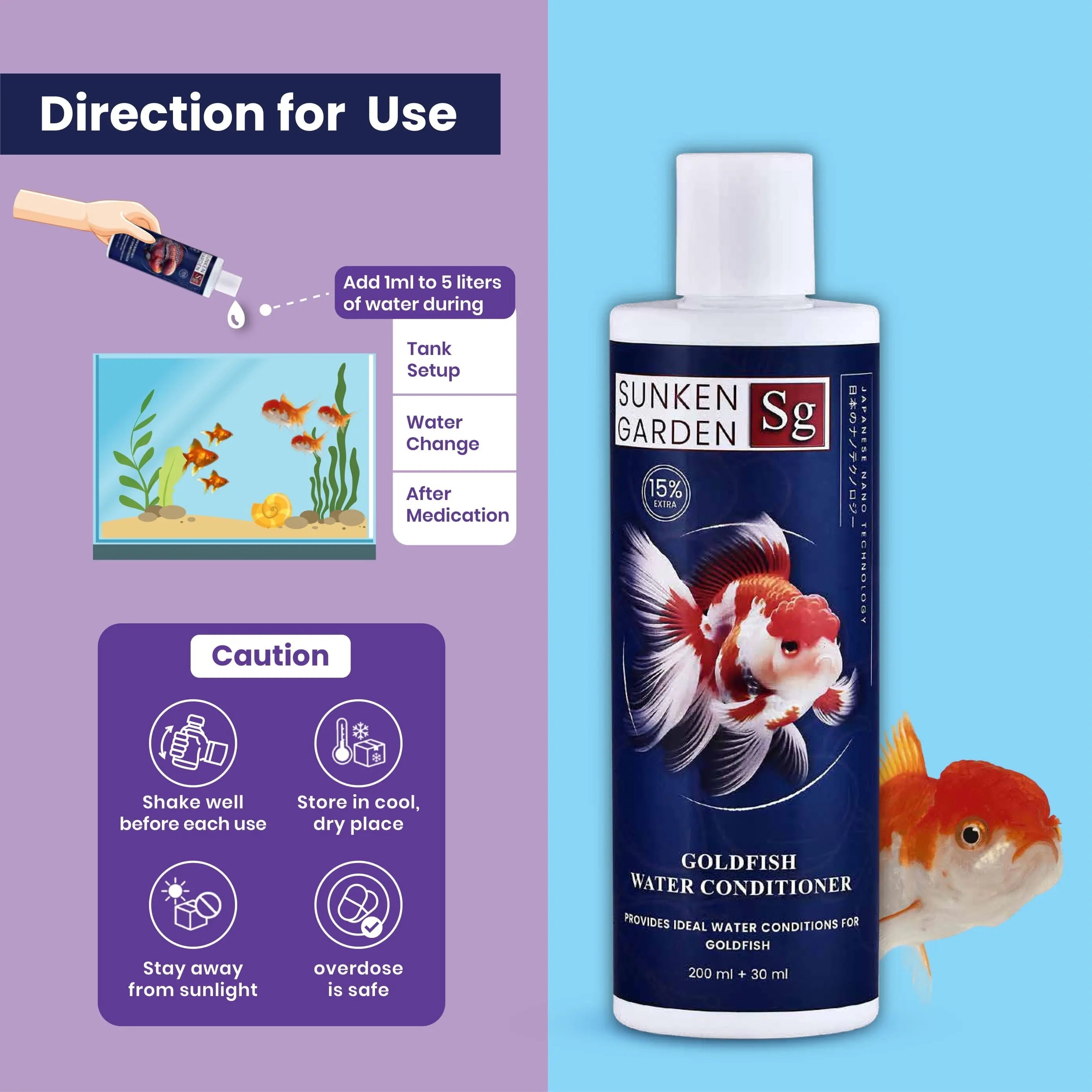 Sunken Garden Goldfish Water Conditioner | pH Stabilizer + Dechlorinator + Parasite Prevention | Made for Indian Tap Water Sunken Garden Pvt Ltd