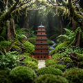 A miniature wooden pagoda stands centered in a lush mossy forest scene with ferns, rocks, and a small stream in the background.