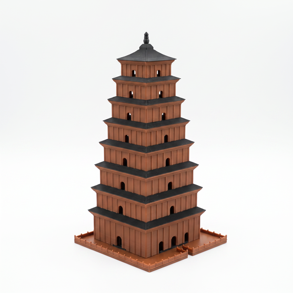 A miniature brown pagoda model with black roofs, standing on a matching brown base against a clean white background.