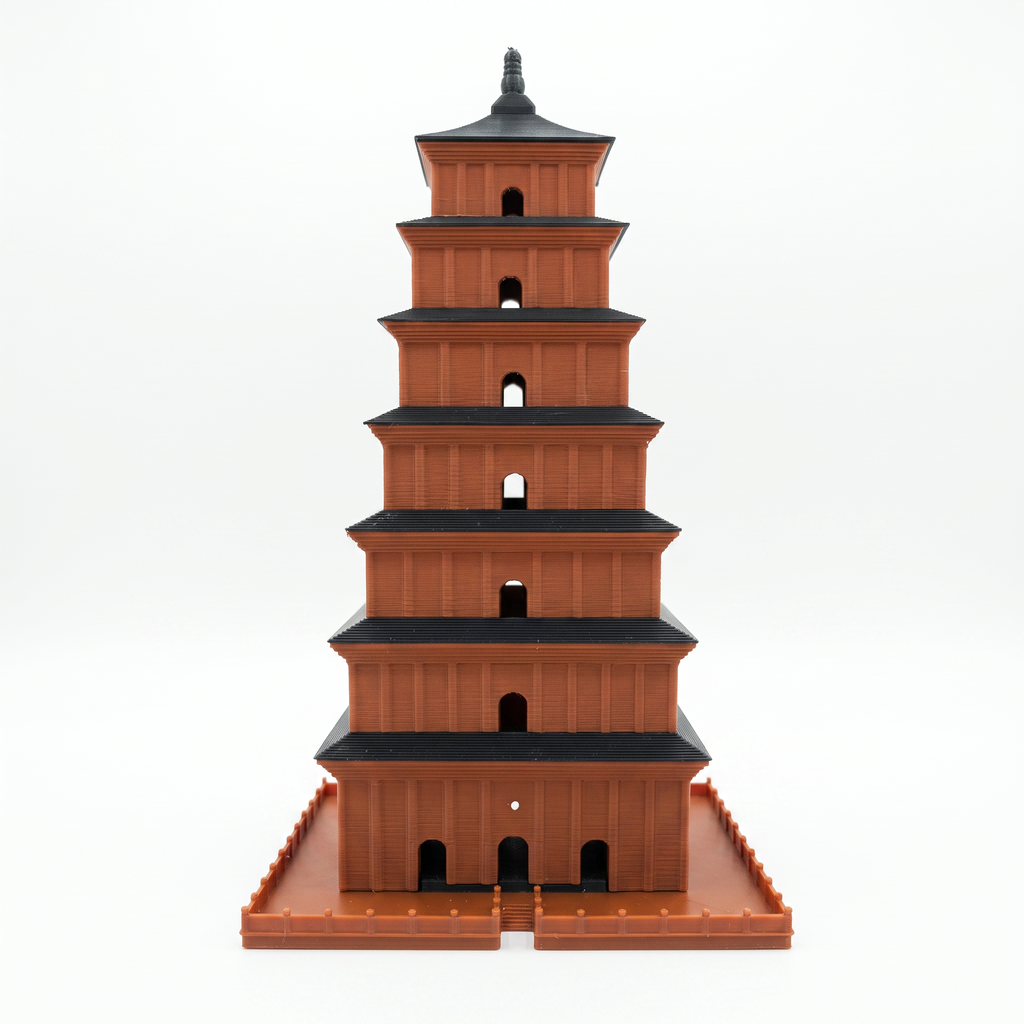 A miniature brown pagoda model with black roofs, standing on a matching brown base against a plain white background.