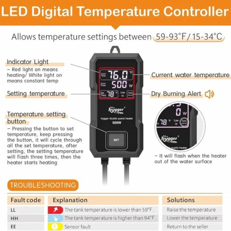 Hygger HG043 800W Submersible Smart Aquarium Heater with Digital LED Display | For Large Tanks up to ~600 L