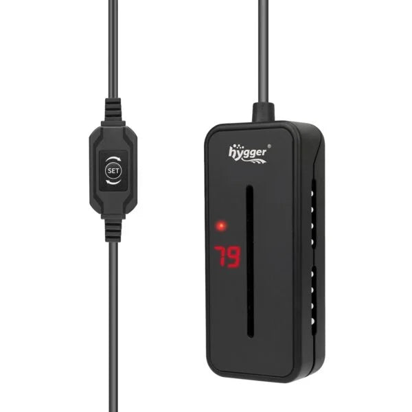 Black electronic device with digital display and cable on a white background
