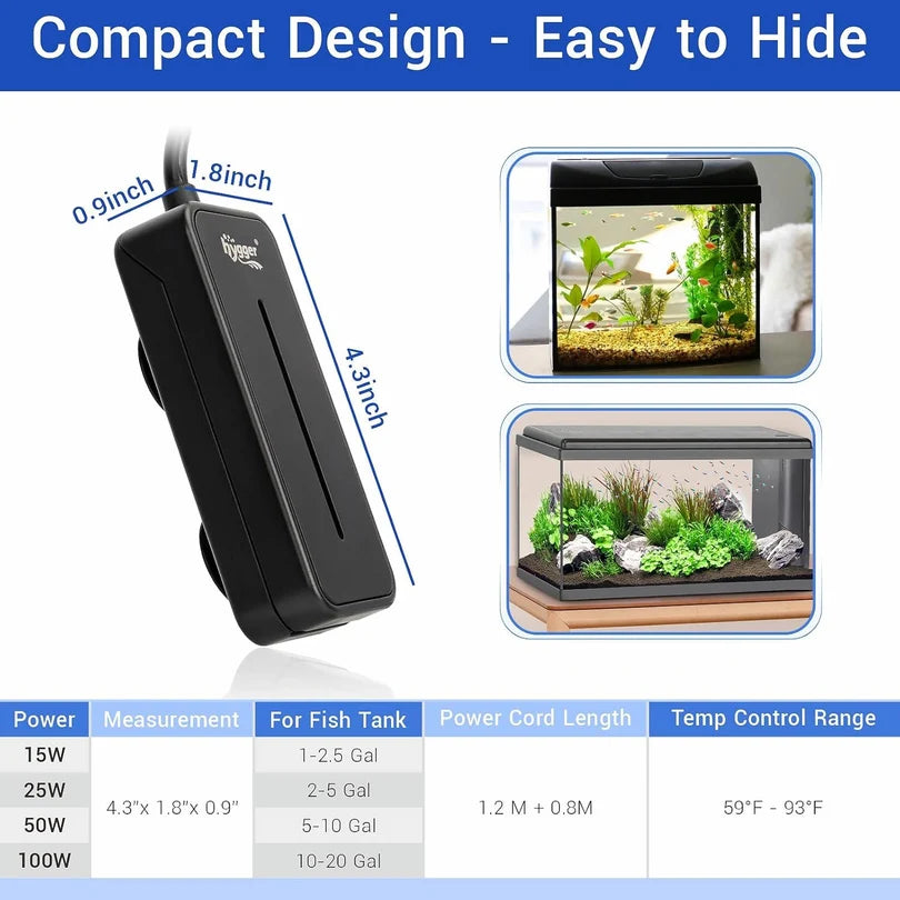 Hygger HG045 100W Compact Aquarium Heater | For Betta & Small Tanks up to ~100 L / 2 ft