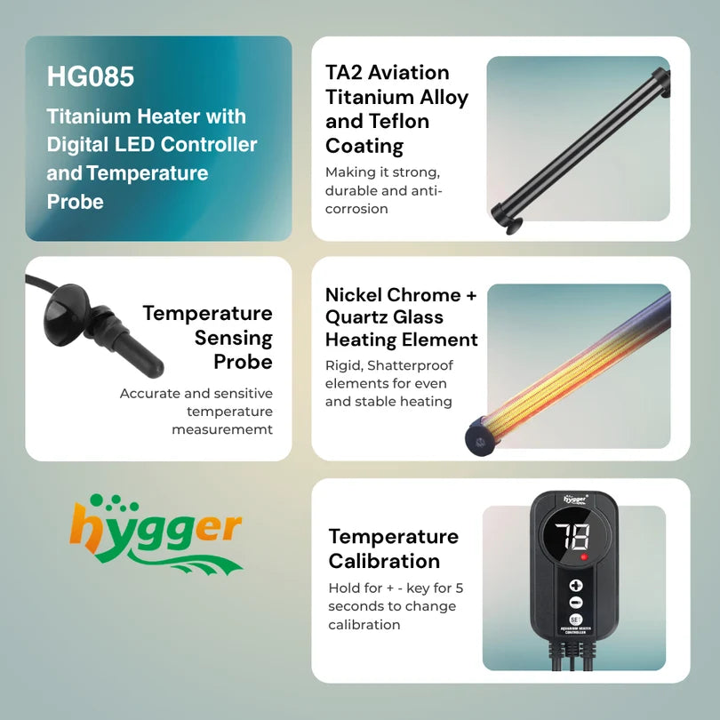 Hygger HG085 100W Smart Titanium Aquarium Heater with Digital LED Controller | For ~100 L / 2 ft Tanks