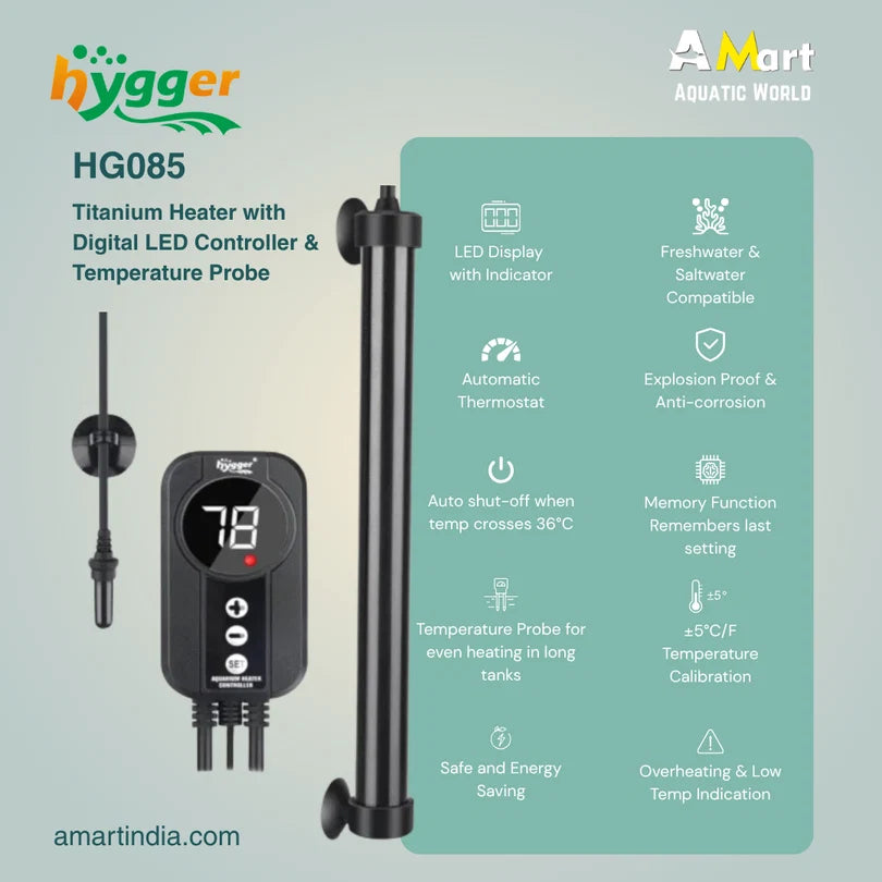 Hygger HG085 100W Smart Titanium Aquarium Heater with Digital LED Controller | For ~100 L / 2 ft Tanks