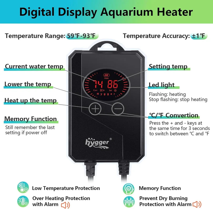 Hygger HG102 200W Explosion-Proof Quartz Aquarium Heater with External Controller | For ~200 L / 3 ft Tanks