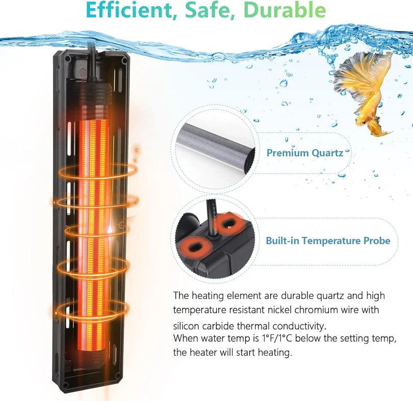 Hygger HG102 200W Explosion-Proof Quartz Aquarium Heater with External Controller | For ~200 L / 3 ft Tanks
