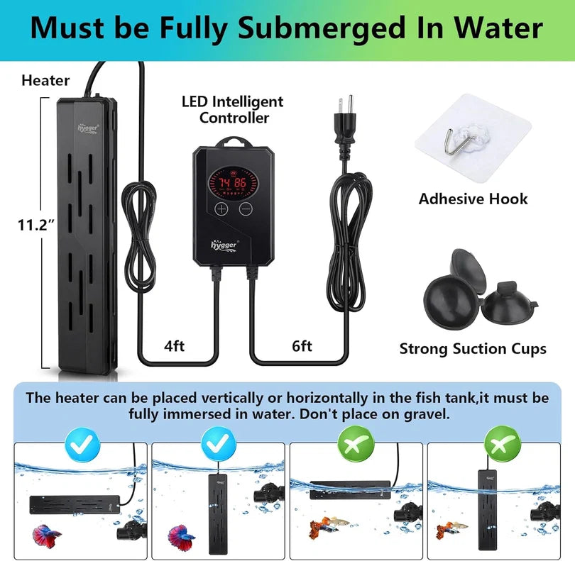 Hygger HG102 200W Explosion-Proof Quartz Aquarium Heater with External Controller | For ~200 L / 3 ft Tanks
