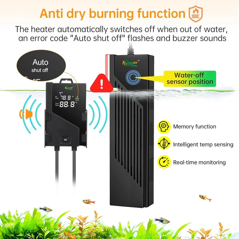 Hygger HGY0003 200W Smart Aquarium Heater with External Controller & Explosion-Proof Quartz Glass | ~200 L / 3 ft