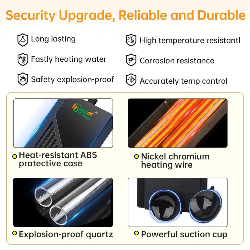 Hygger HGY0003 200W Smart Aquarium Heater with External Controller & Explosion-Proof Quartz Glass | ~200 L / 3 ft