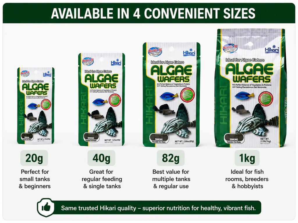 Hikari Algae Wafers packaging with size options on a white background