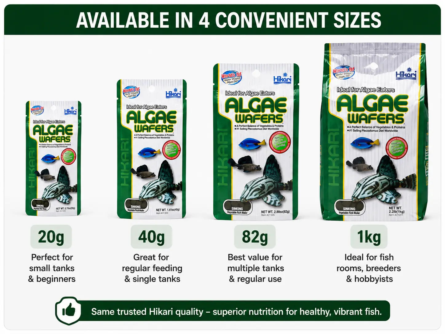 Hikari Algae Wafers packaging with size options on a white background