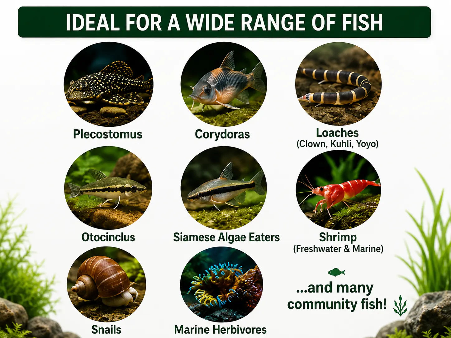 Product advertisement showing various types of fish suitable for a wide range of fish, with images and text.
