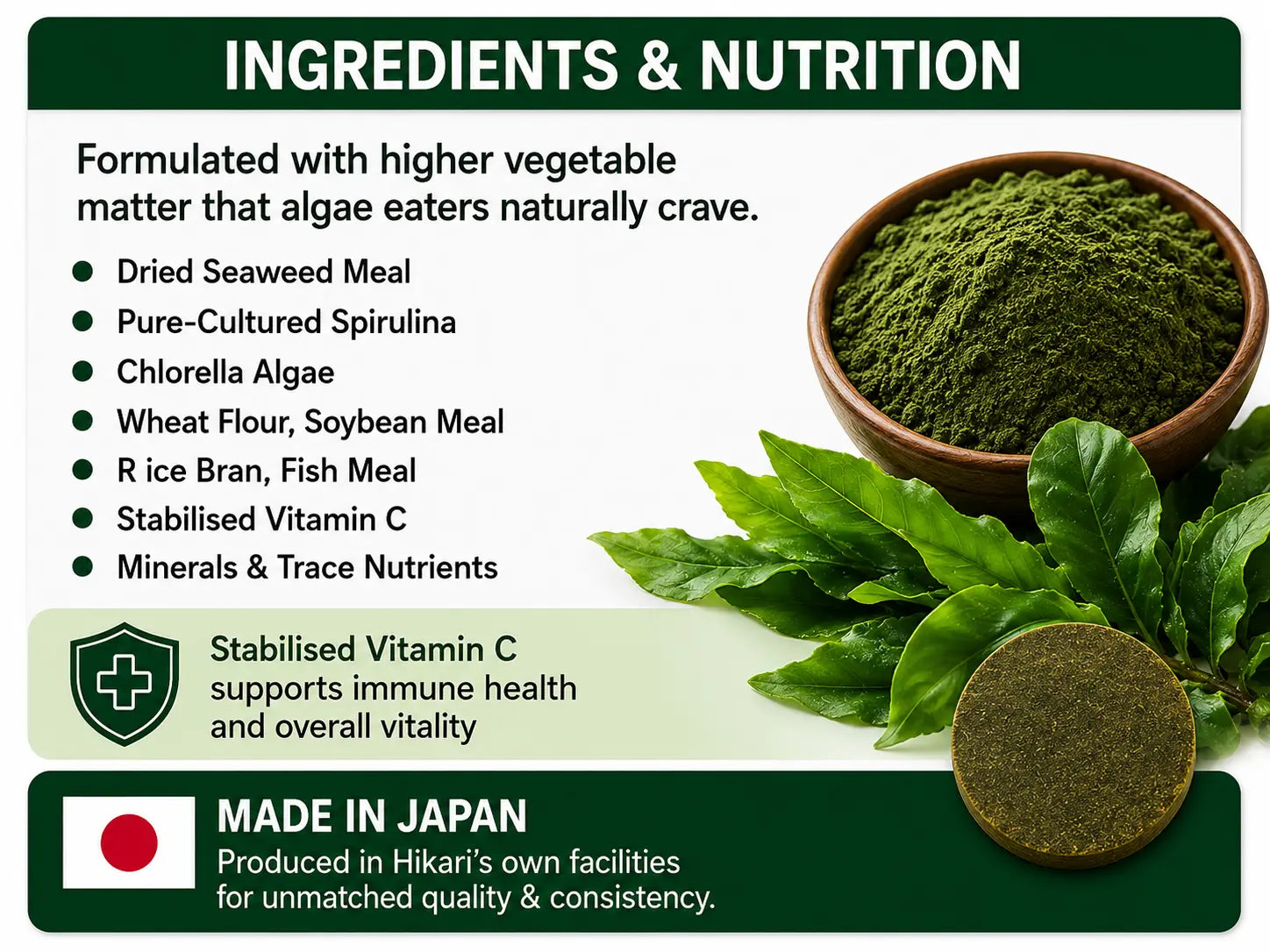 Product label with green powder in a bowl, surrounded by leaves, and text about ingredients and nutrition.