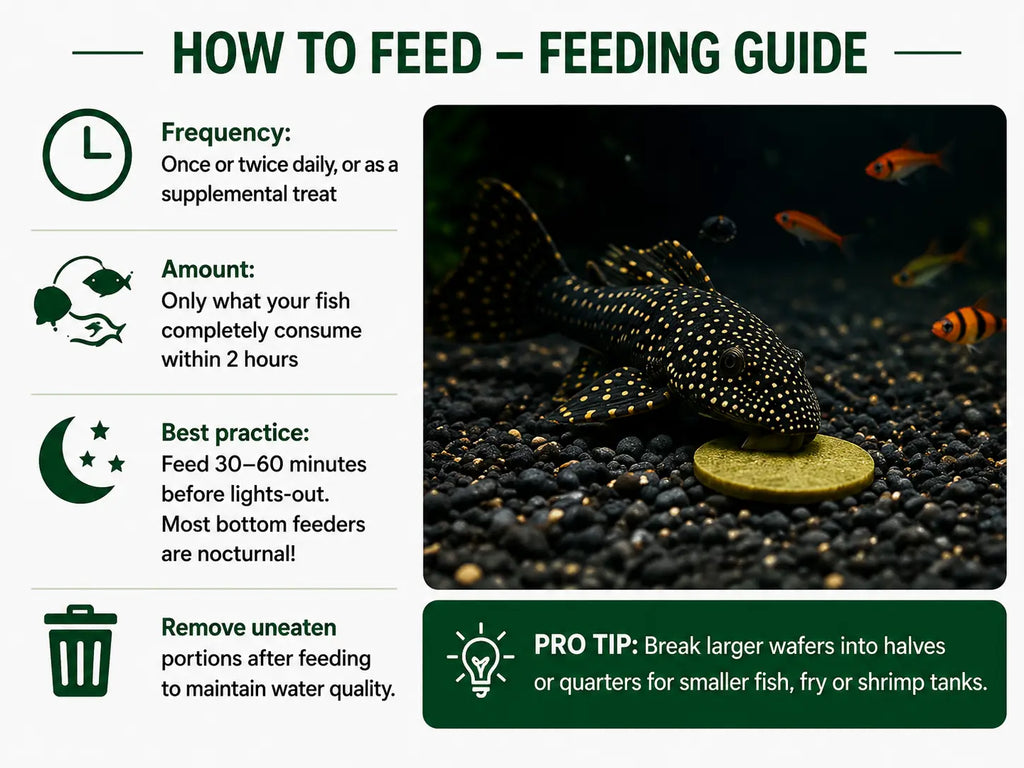 Feeding guide for fish with an image of a fish tank and fish eating from a feeder.