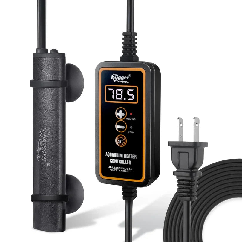 Aquarium heater controller with digital display and power cord on a white background