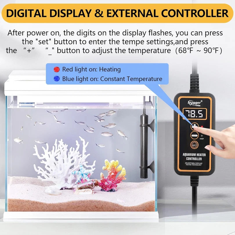 Aquarium heater controller with digital display and external controller for temperature control.