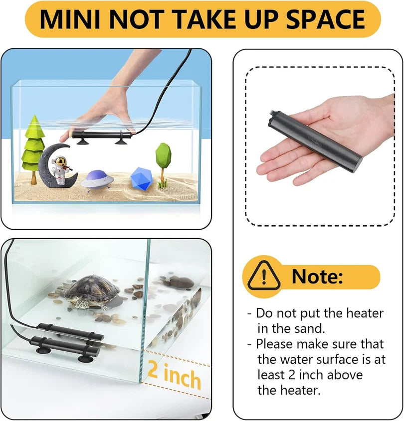 Instructional product graphic for a mini aquarium heater. The layout includes a top header reading 'MINI NOT TAKE UP SPACE,' a top-left panel showing the heater attached to a small aquarium with a hand demonstrating suction placement, a top-right panel showing the heater held in a hand for scale, and a bottom-left panel showing the heater placed on the bottom of an aquarium with a turtle inside.