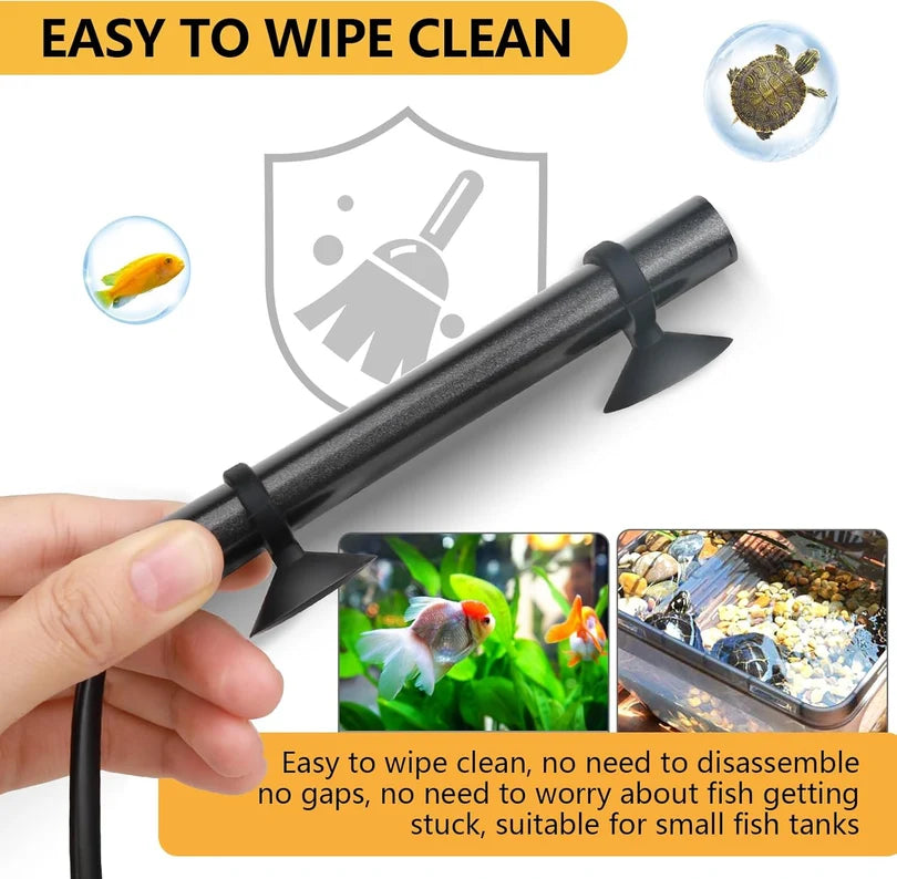 Black aquarium tool held by a hand with text about ease of cleaning and suitability for small fish tanks.