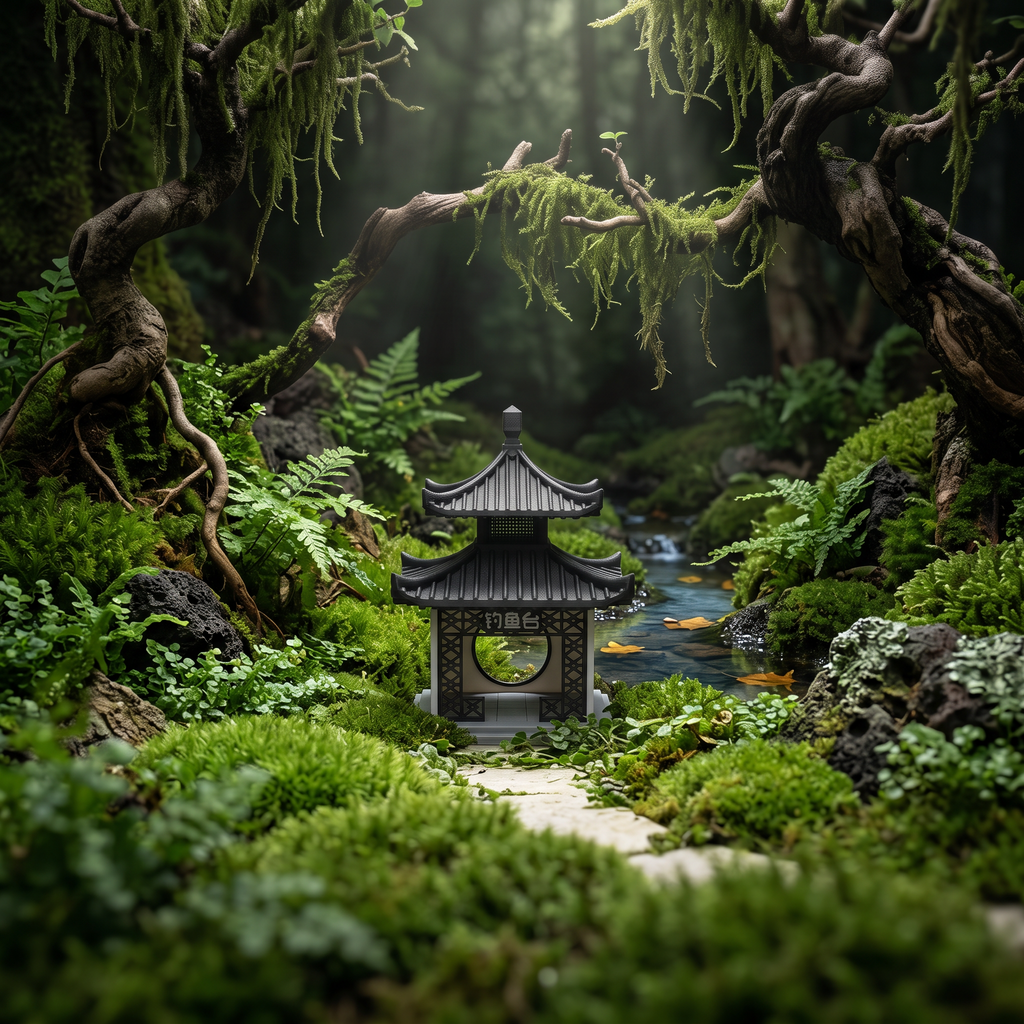 A miniature black pagoda-style garden pavilion sits centered in a lush mossy forest with a small stream, ferns, rocks, and hanging vines surrounding it.