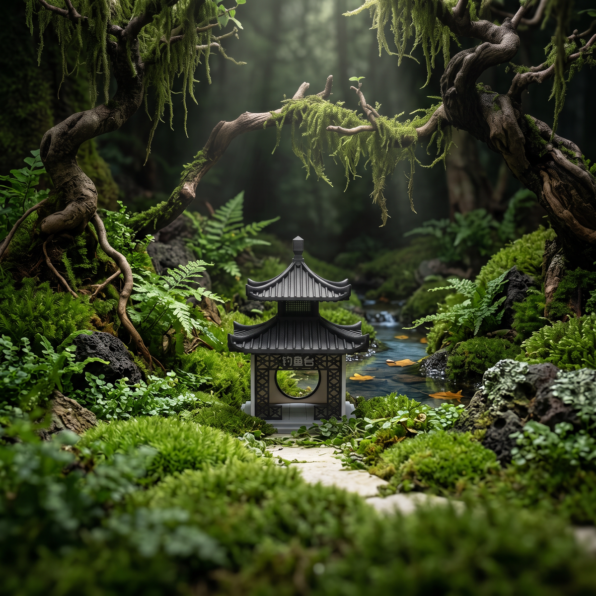 A miniature black pagoda-style garden pavilion sits centered in a lush mossy forest with a small stream, ferns, rocks, and hanging vines surrounding it.
