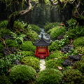 A miniature red Japanese pagoda sits on a pale stone path surrounded by dense green moss, ferns, dark rocks, and moss-covered tree branches in a forest-like setting.