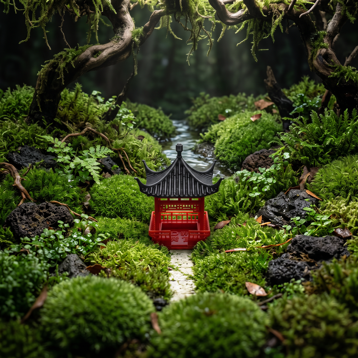 A miniature red Japanese pagoda sits on a pale stone path surrounded by dense green moss, ferns, dark rocks, and moss-covered tree branches in a forest-like setting.