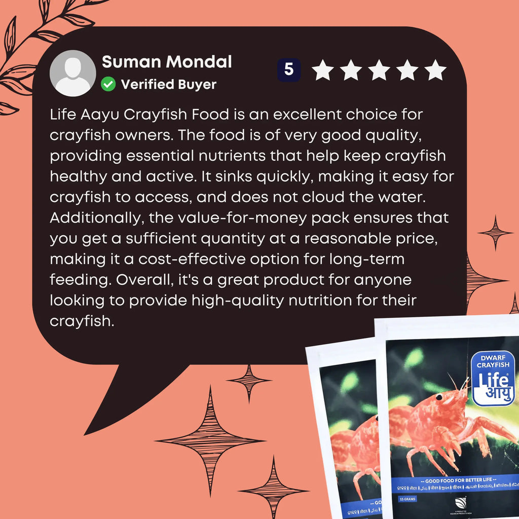 Life Aayu Crayfish Food is an excellent choice for crayfish owners. The food is of very good quality, providing essential nutrients that help keep crayfish healthy and active. It sinks quickly, making it easy for crayfish to access, and does not cloud the water.
Additionally, the value-for-money pack ensures that you get a sufficient quantity at a reasonable price, making it a cost-effective option for long-term feeding. Overall, it's a great product for anyone looking to provide high-quality nutrition for 