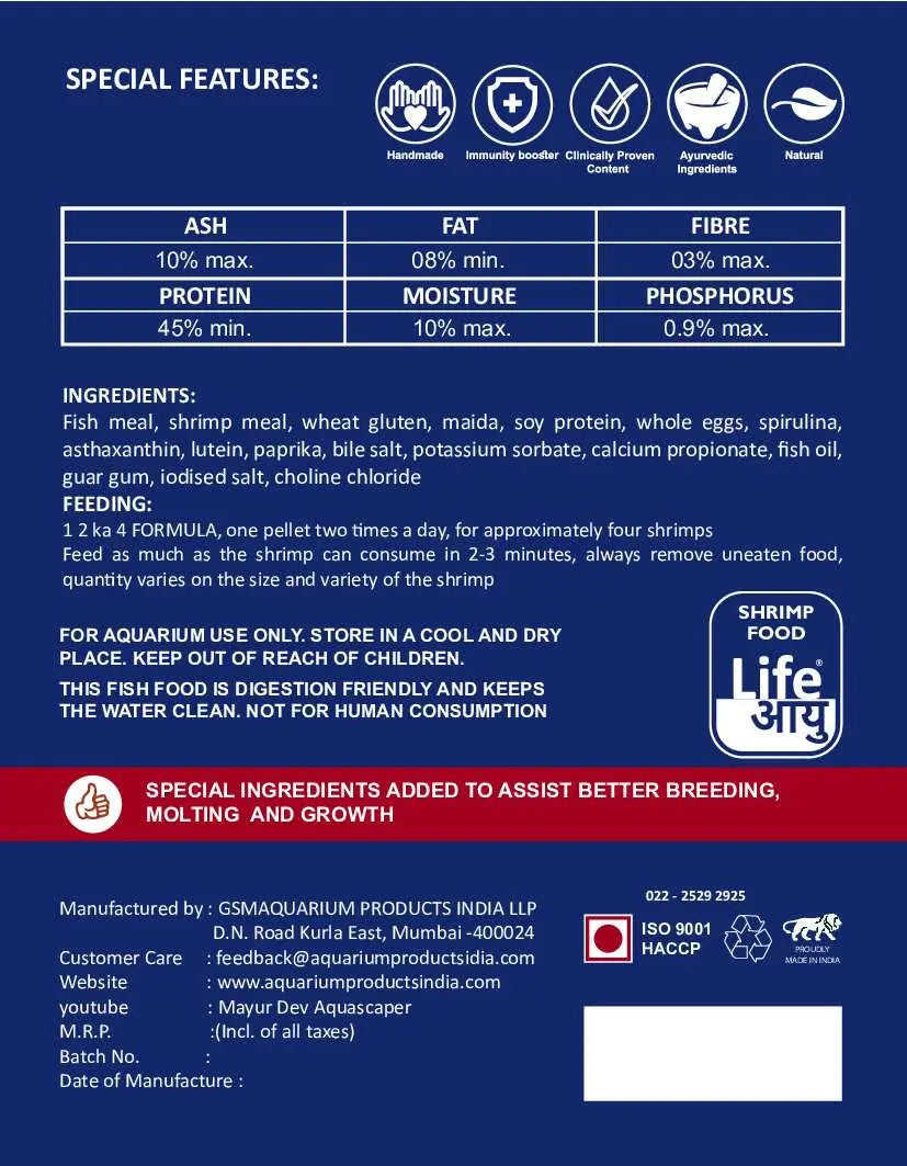 Life Aayu Shrimp Regular Food 15gm (Back Cover)