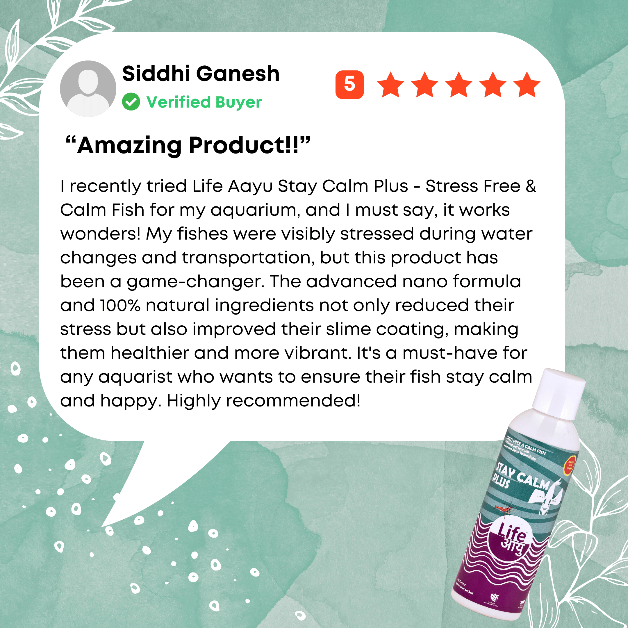 Product review for 'Life Aayu Stay Calm Plus' with a 5-star rating and text on a green background.