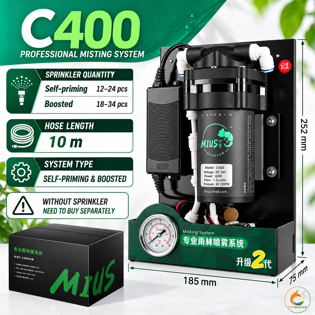 Infographic showing product specifications and dimensions of the MIUS C400 professional misting system, highlighting its 25.2 cm height, 18.5 cm width, 7.5 cm depth, 10-meter hose length, and sprinkler quantity ratings
