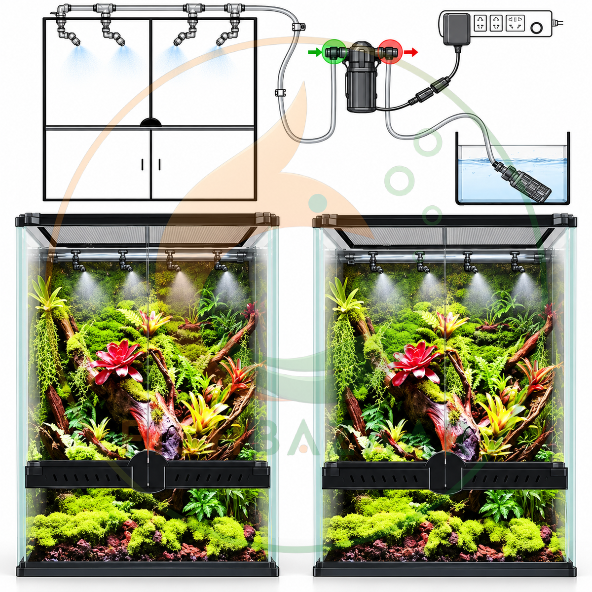 System installation diagram of the MIUS C400 misting kit showing the pump control unit, water reservoir connection, filter, tubing layout, and overhead spray nozzles operating inside a planted tropical terrarium