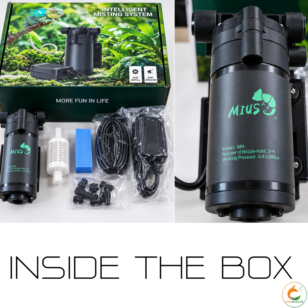 MIUS C50 rainforest sprinkler pump kit unboxing display showing the retail packaging box, pump motor, power supply, filter, tubing, spray nozzles, and installation accessories